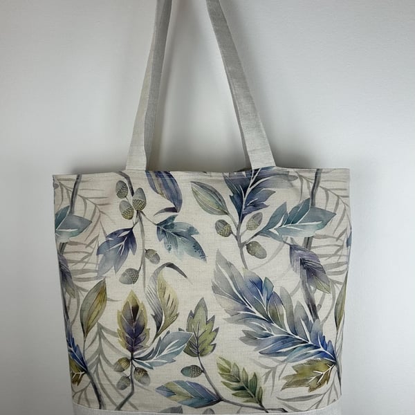 Leaf Print Canvas Tote Bag, Vintage Linen Bottom, Handmade Shopper