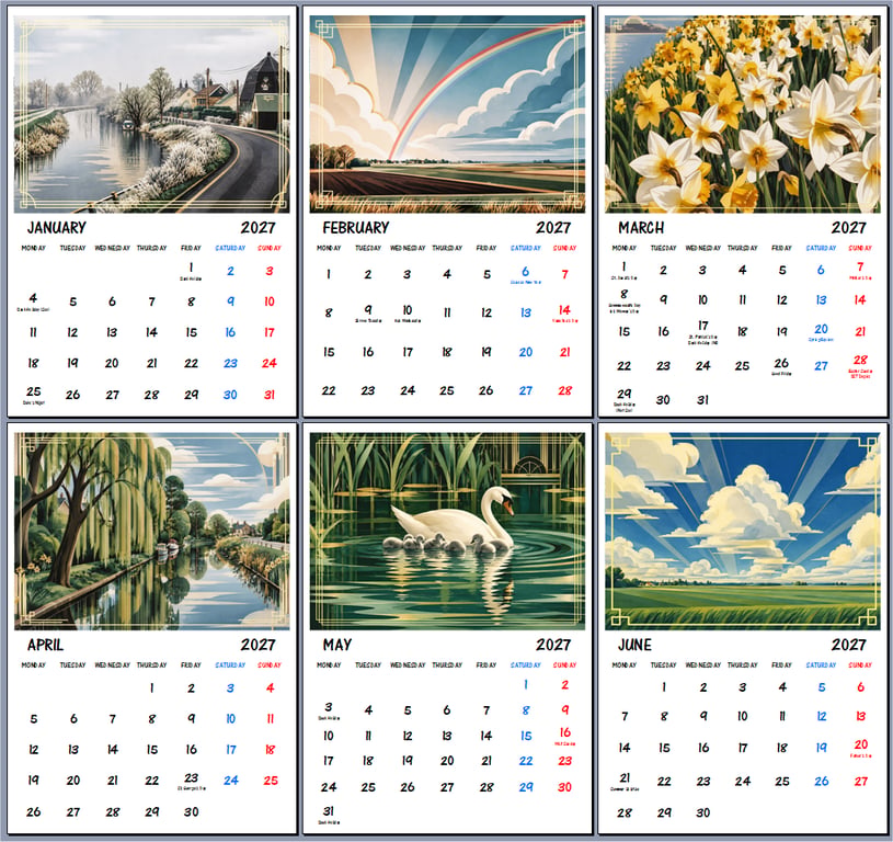 2027 Calendar Nordelph Village Norfolk Fens A4 Size Wall Hanging Art Deco Style
