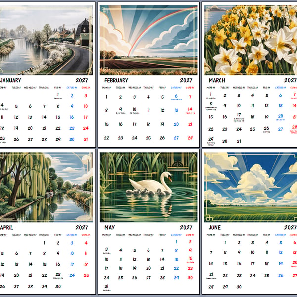 2027 Calendar Nordelph Village Norfolk Fens A4 Size Wall Hanging Art Deco Style