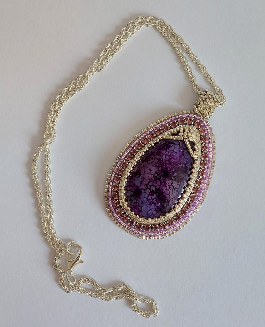 Purple Dragons Vein Agate embroidered pendant on a fancy silver tone chain 