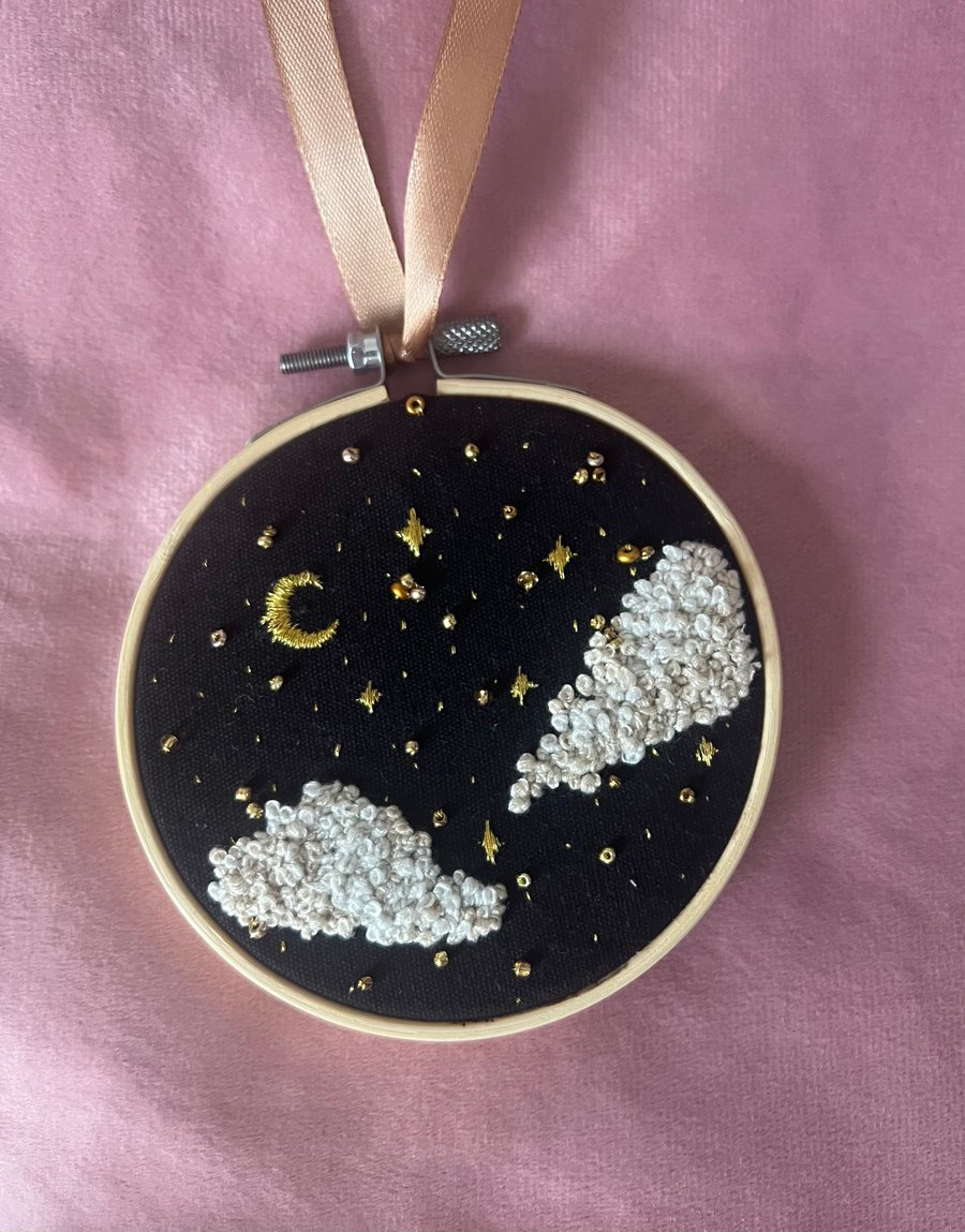 Gold moon, stars and clouds embroidery ring hoop