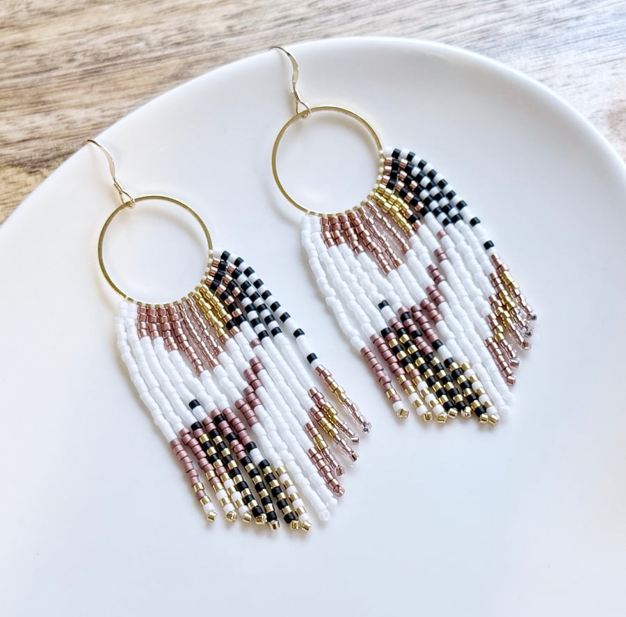 Bohemian beaded fringe hoop earrings in white, copper, gold and black