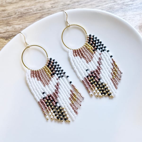 Bohemian beaded fringe hoop earrings in white, copper, gold and black