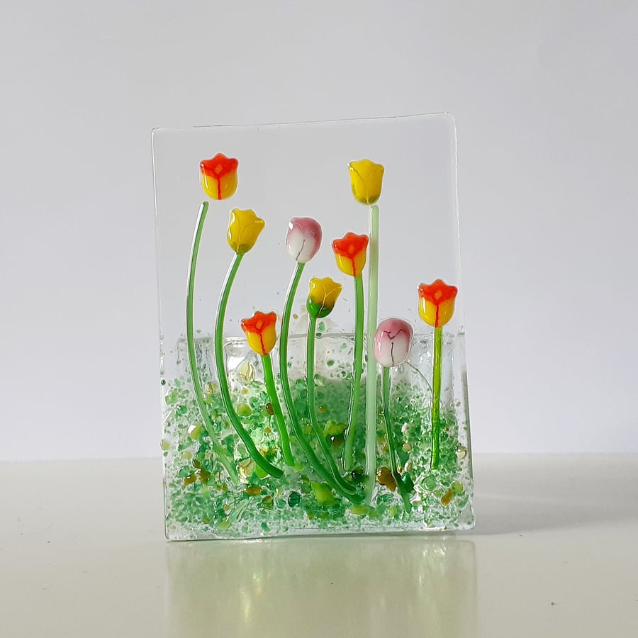 Fused glass tealight candle holder panel, tulips