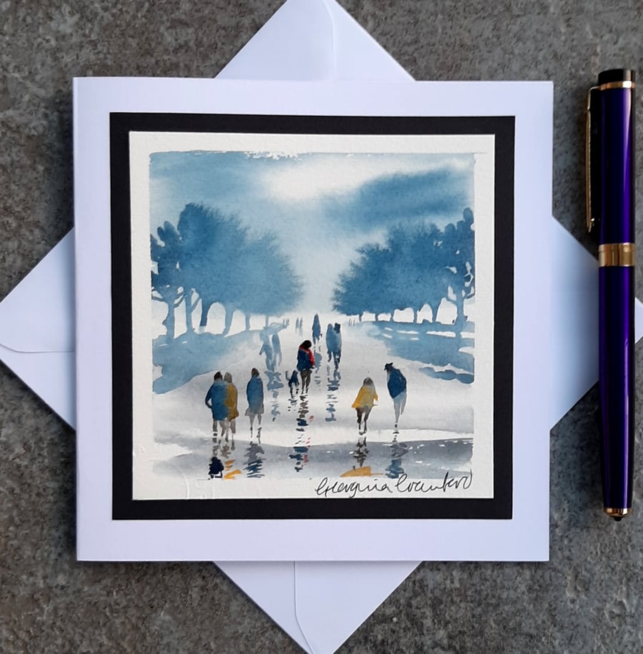 Blank Card. Rainy Day Walk. Handpainted Card Keepsake. Handmade Card