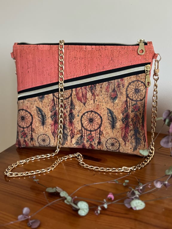 Handmade Cork Shoulder Bag – Pink & Dreamcatcher Print with Denim Blue Lining
