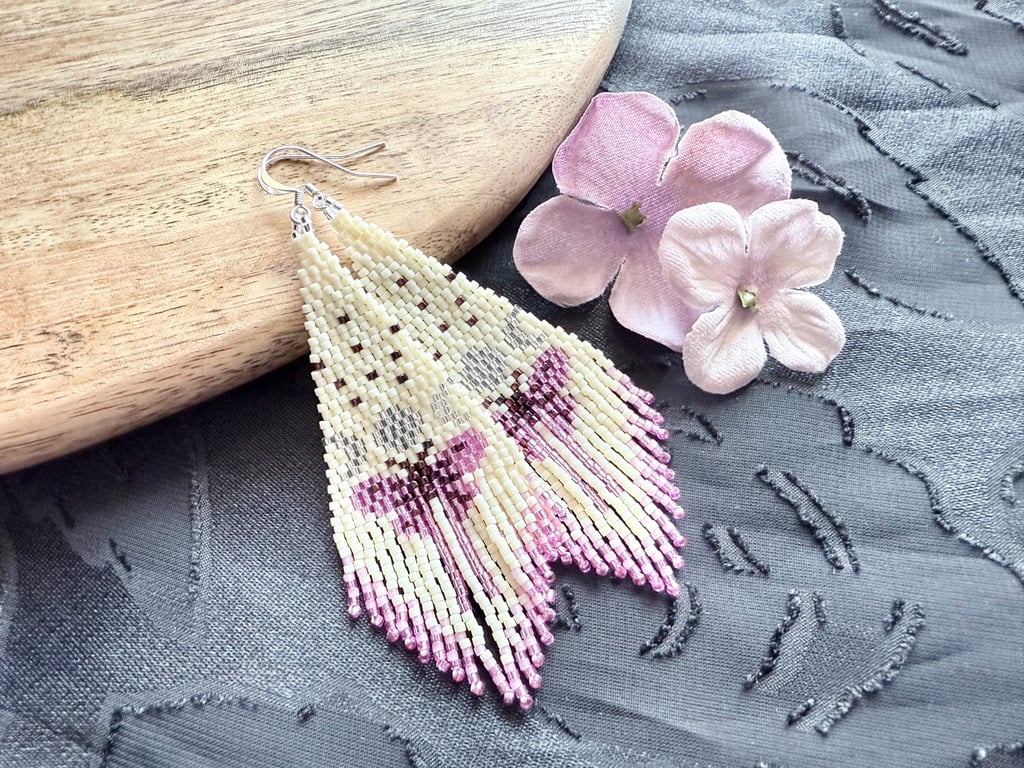 Pink butterfly beaded fringe earrings