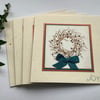 CHRISTMAS CARDS, pack of 4 , ' Joy'  .Berry wreath( ivory, copper and teal ).