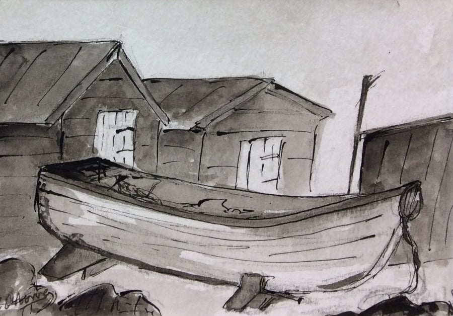 Fishing boat. Original watercolour, pen and ink. Miniature. Coast
