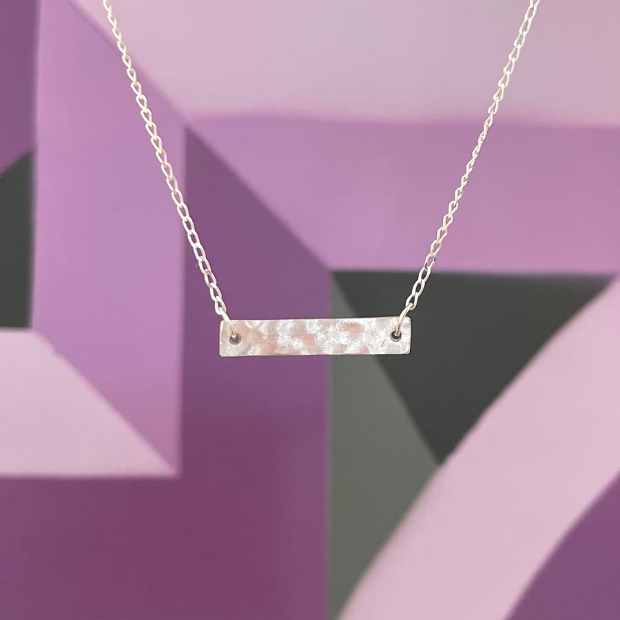 Silver bar necklace, small, handmade 999 fine silver hammered pendant