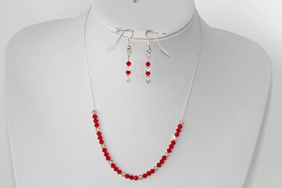 Red and white crystal necklace and earrings set 