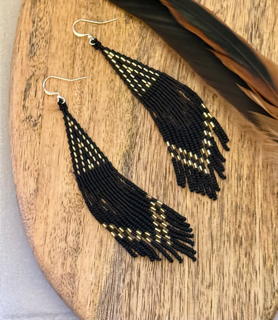 Long black and gold beadwoven fringe earrings