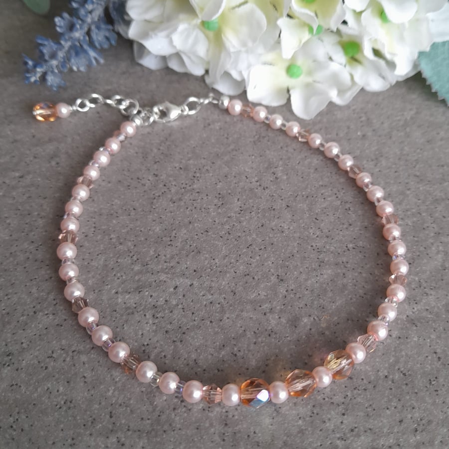 Anklet Pink Glass Pearl and Crystal Beaded  
