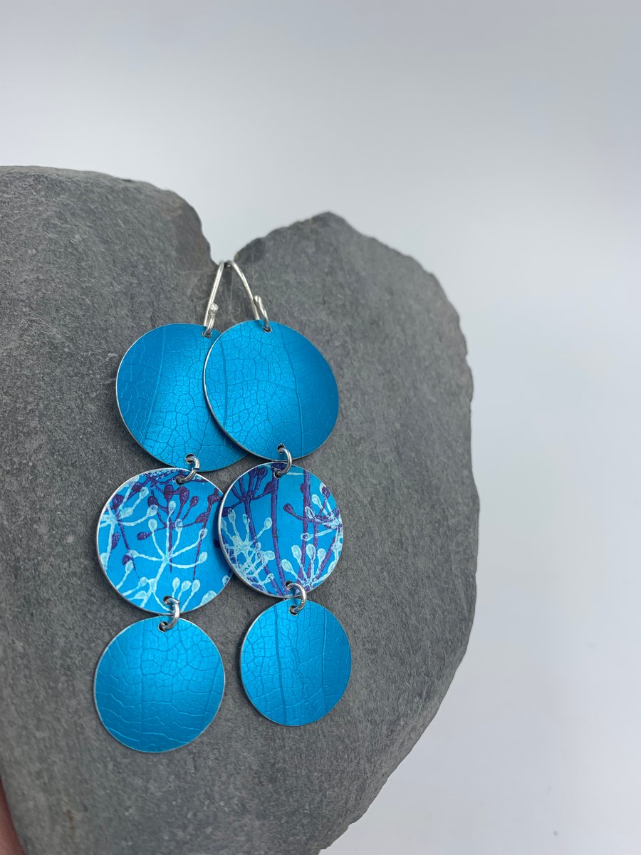 Statement  aluminium 3 circle dangly earrings in turquoise