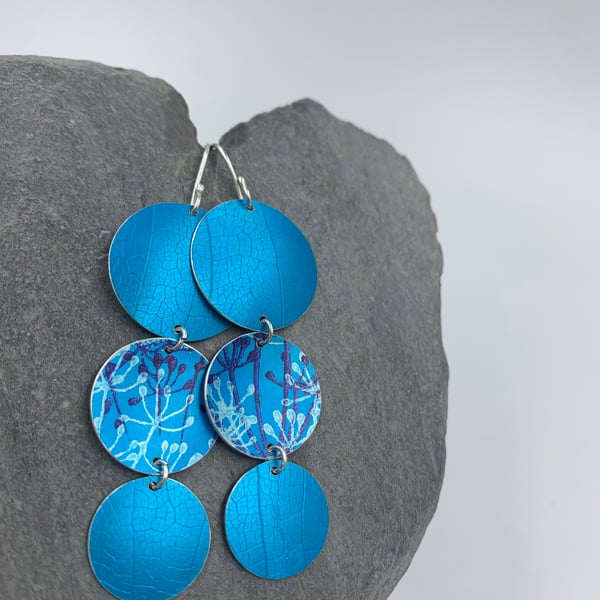 Statement  aluminium 3 circle dangly earrings in turquoise