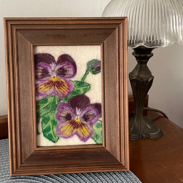 Hand Felted Pansies Textile Artwork 