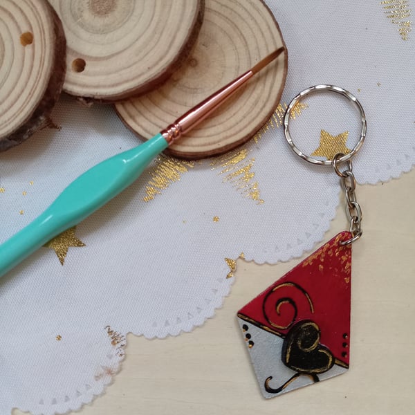 Wooden diamond shaped heart keyring 
