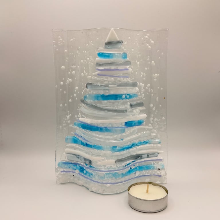 Fused Glass Christmas Tree Candle Shield – Blue & White Tealight Holder