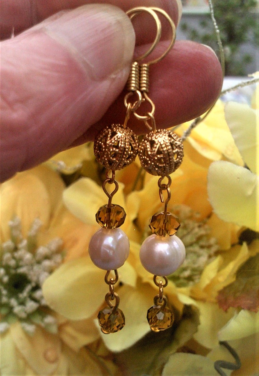 White Freshwater Pearls & Crystal Earrings, Long Dangle Pearl Earrings 