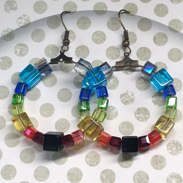 Rainbow crystal cube hoop earrings