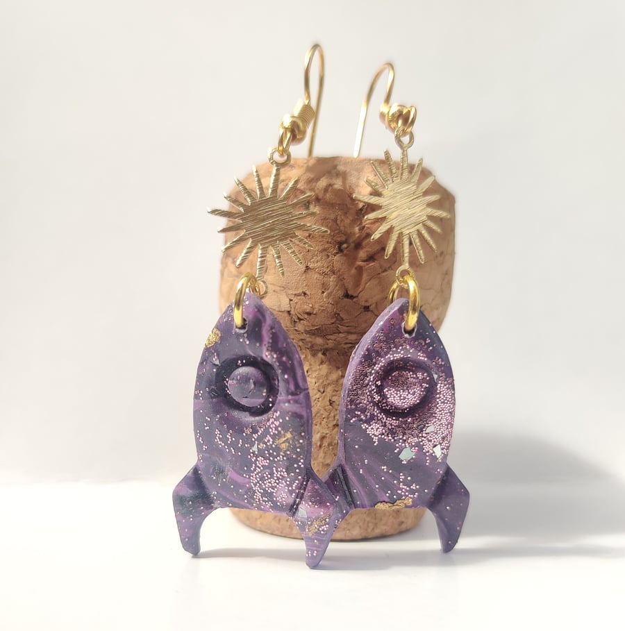 Purple Galaxy gold rocket dangle earrings