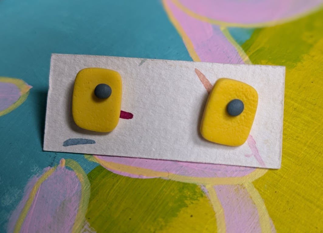 yellow and blue rectangular textured earrings