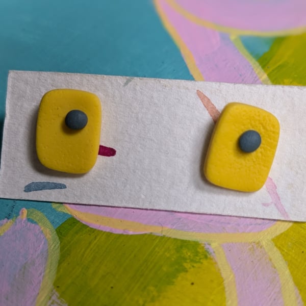yellow and blue rectangular textured earrings