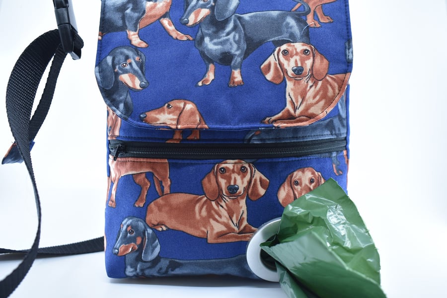 Dachshund walking bag, to carry mobile, dog treats with poop bag dispenser