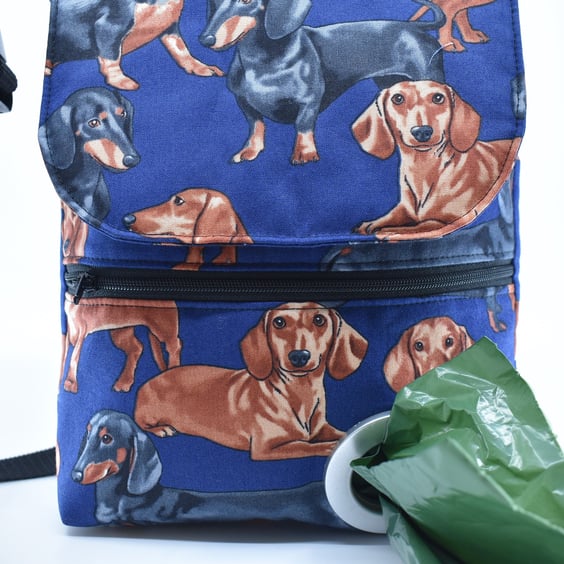 Dachshund walking bag, to carry mobile, dog treats with poop bag dispenser