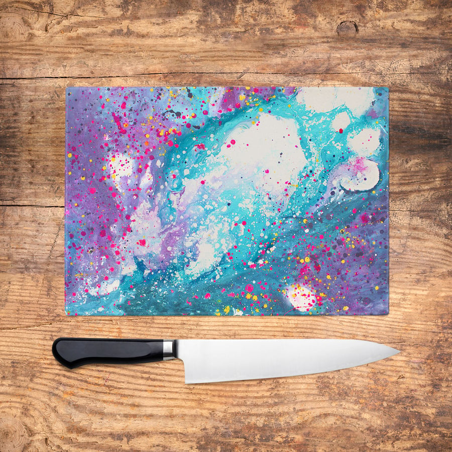 Stardust Glass Chopping Board - Purple and teal Worktop Saver, Platter, Large Cu