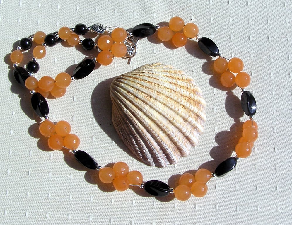 Black Onyx & Orange Agate Gemstone Chunky Beaded Chakra Necklace "Orange Crush"