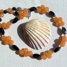 Black Onyx & Orange Agate Gemstone Chunky Beaded Necklace "Orange Crush"