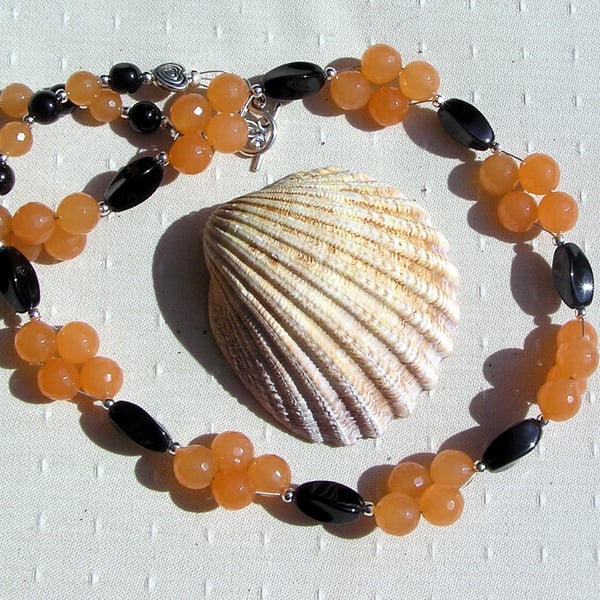 Black Onyx & Orange Agate Gemstone Chunky Beaded Chakra Necklace "Orange Crush"