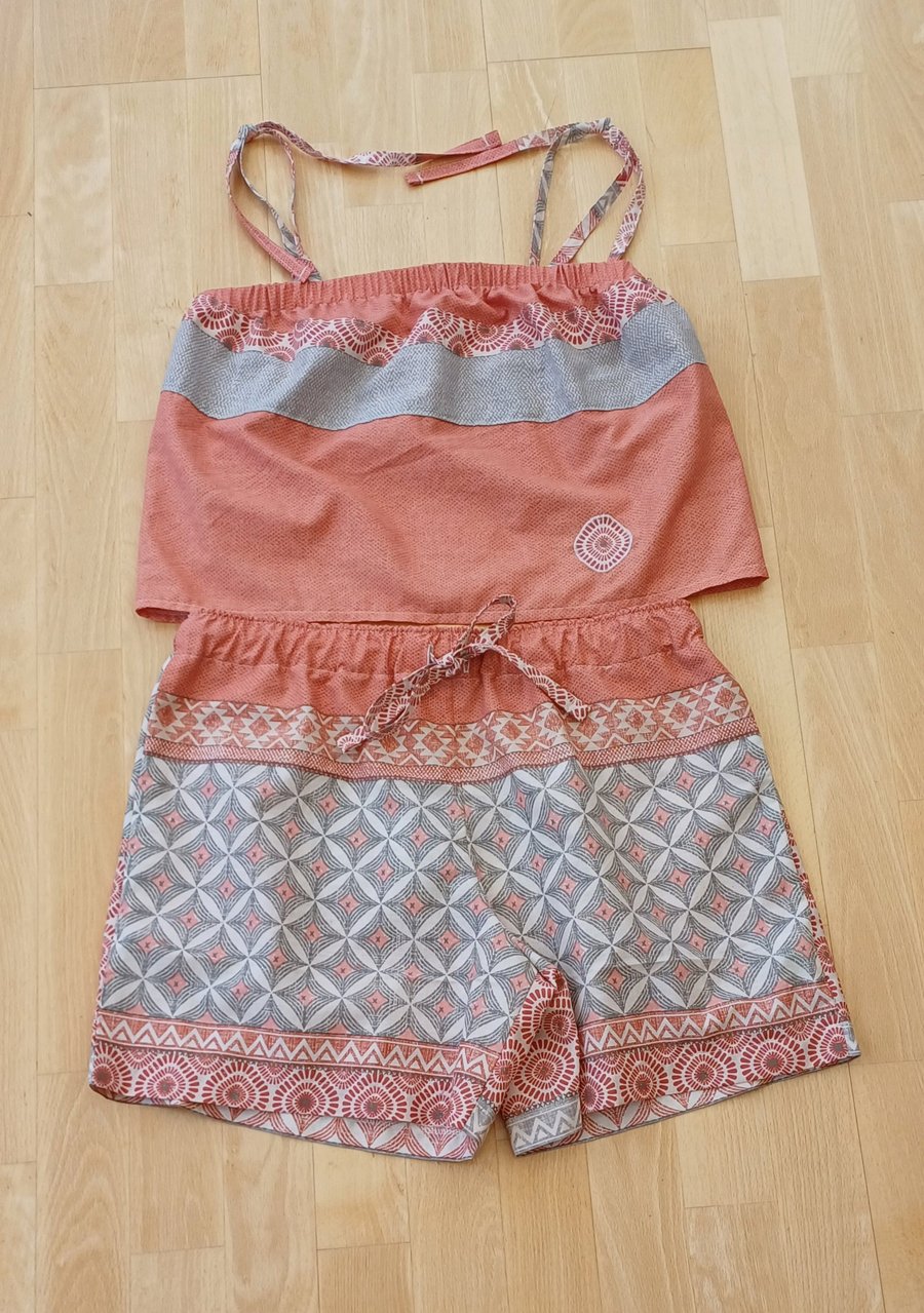 Pyjamas playsuit shorts camisole top upcycled clothing peach and grey nightware