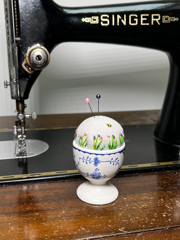 Pin cushion - blue and white vintage egg cup - embroidered with bee and flowers