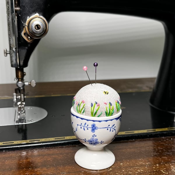 Pin cushion - blue and white vintage egg cup - embroidered with bee and flowers
