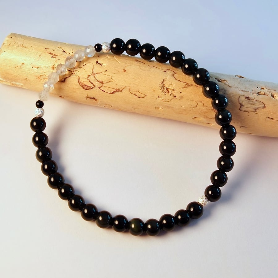 Obsidian Bracelet With Faceted Labradorite - Birthday Present, Anniversary Gift