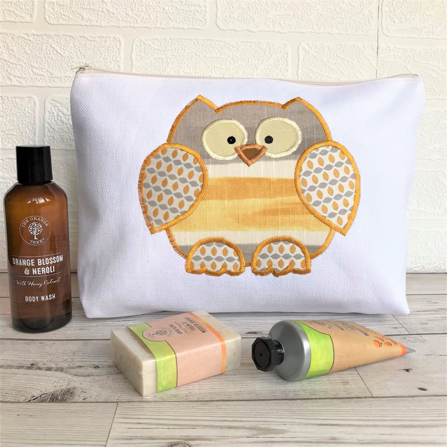 Owl toiletry bag, owl wash bag in ivory fabric with golden yellow striped owl