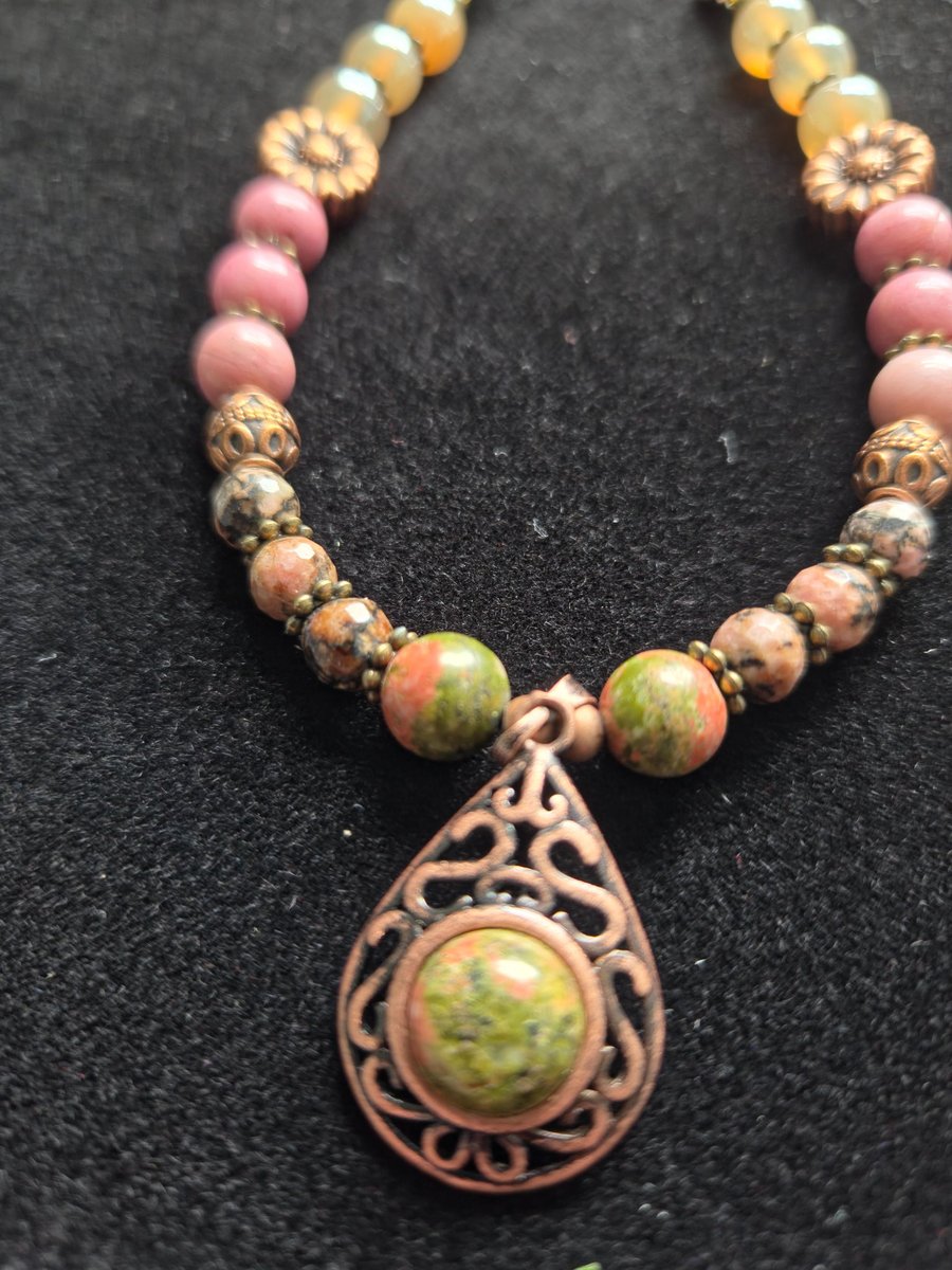 Boho Filigree Teardrop Necklace with Earthy Gemstone Beads