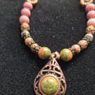 Boho Filigree Teardrop Necklace with Earthy Gemstone Beads