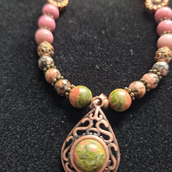 Boho Filigree Teardrop Necklace with Earthy Gemstone Beads