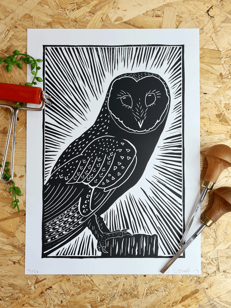 Barn Owl lino print A4 limited edition print black on white paper.