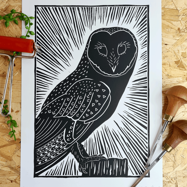 Barn Owl lino print A4 limited edition print black on white paper.