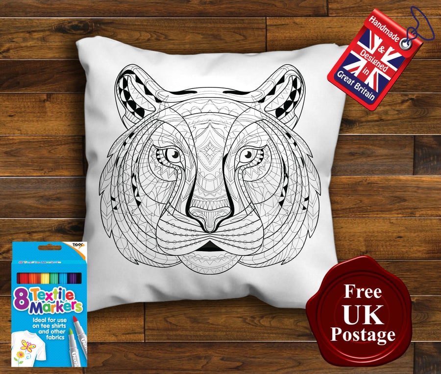 Tiger Colouring Cushion Cover With or Without Fabric Pens Choose Your Size