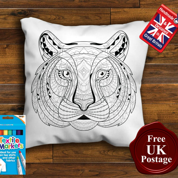Tiger Colouring Cushion Cover With or Without Fabric Pens Choose Your Size