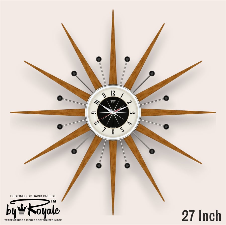 Mid Century Starburst Wall Clock By Royale The Welby in Jet Black - 4 Sizes