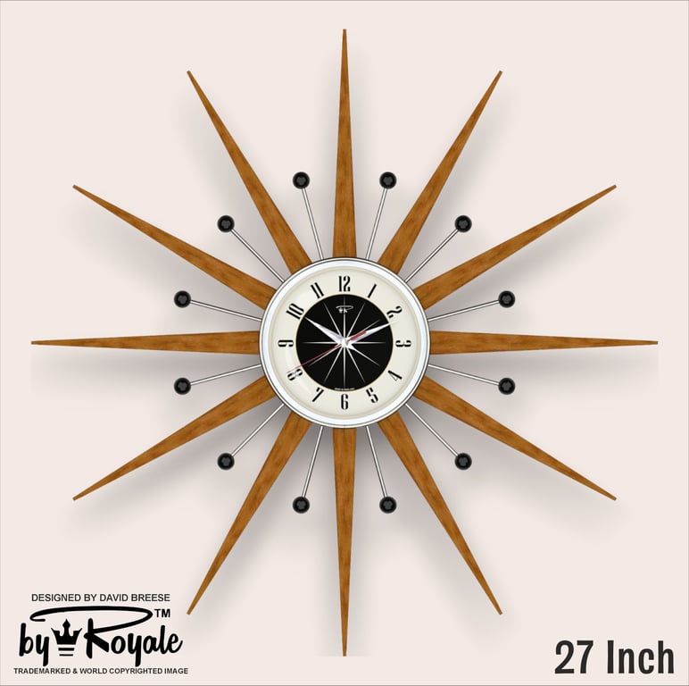Mid Century Starburst Wall Clock By Royale The Welby in Jet Black - 4 Sizes