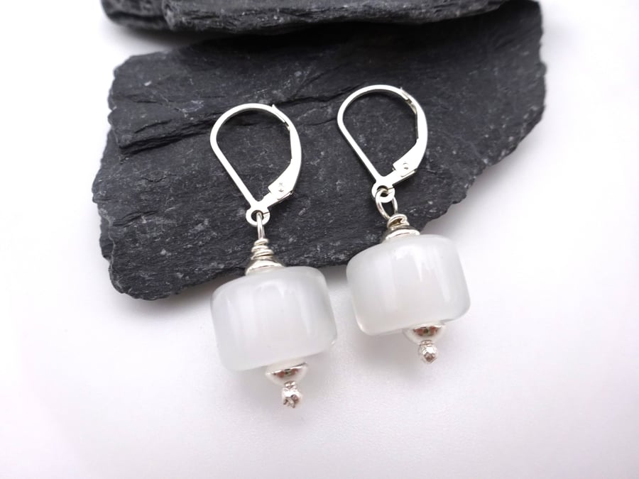 white lampwork glass earrings, sterling silver lever back 