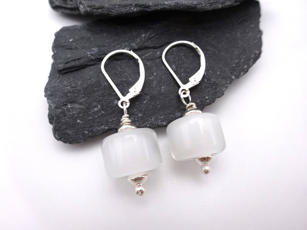 white lampwork glass earrings, sterling silver lever back 