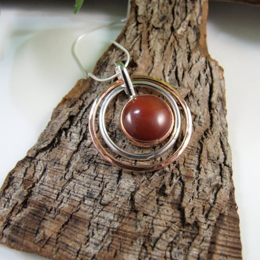 Carnelian Necklace, Sterling Silver & Copper Circles Spinner Fidget Pendant